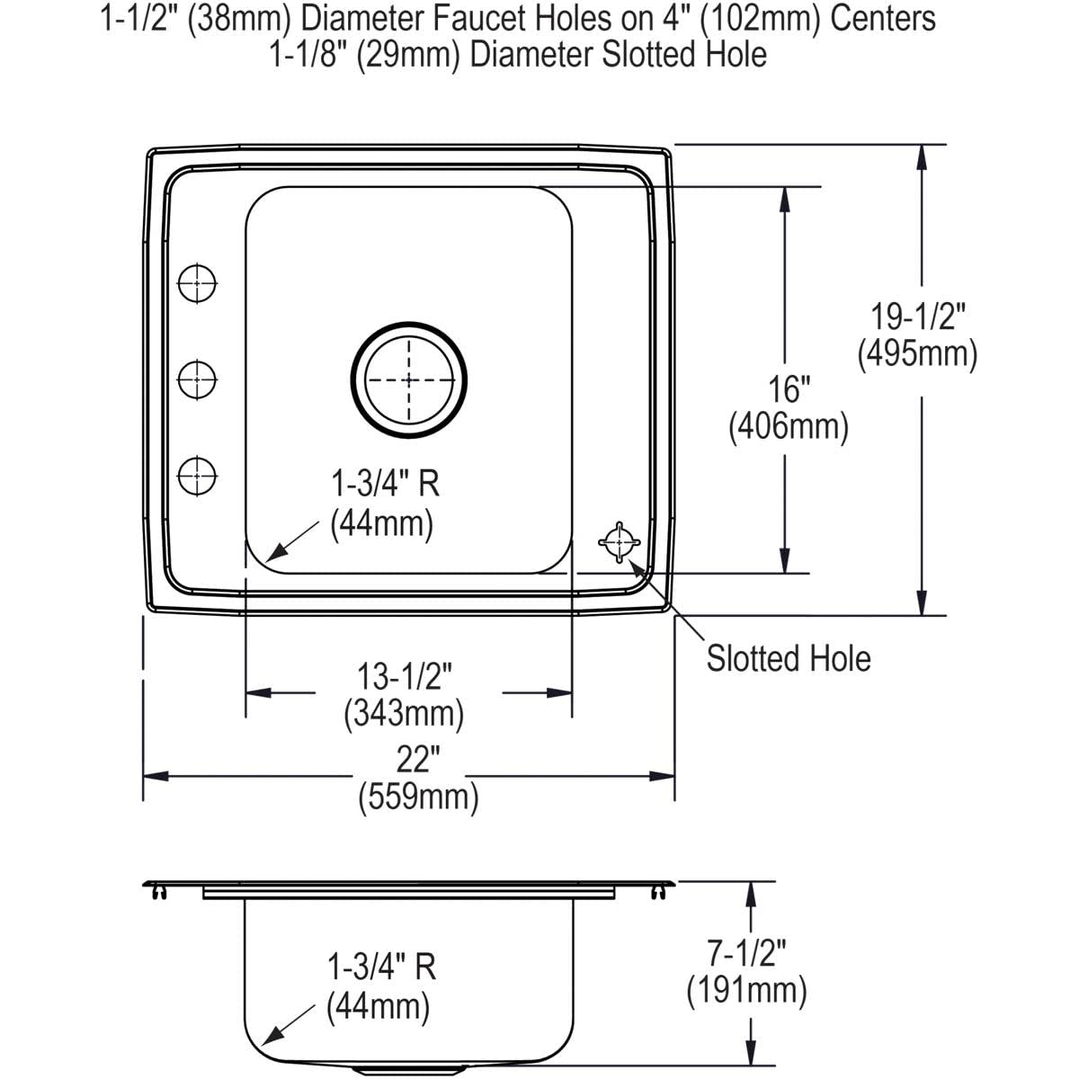 Elkay DRKRC2220C Sink 18 Gauge Stainless Steel 22x19.5x7.5 inches Single Bowl Top Mount Lustertone