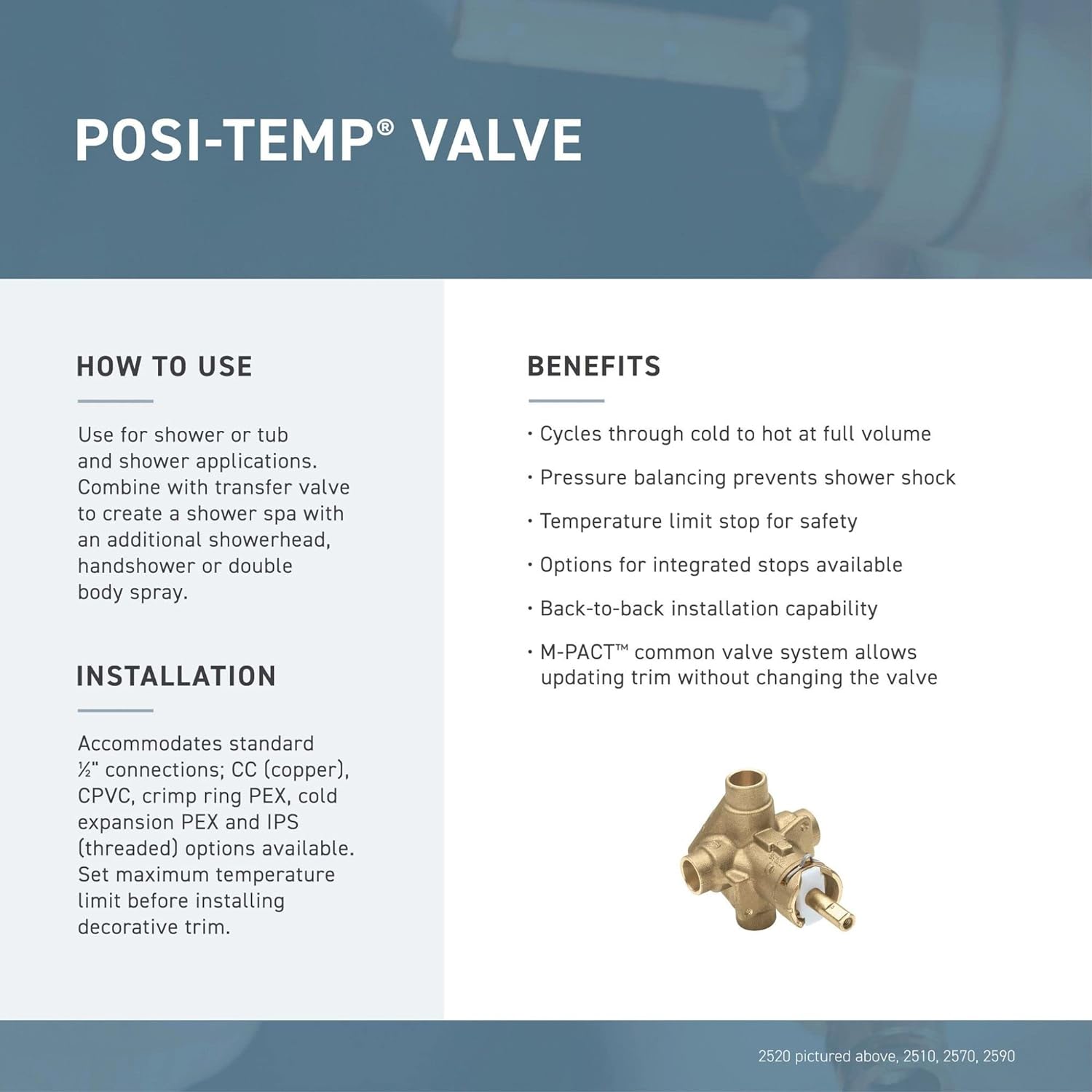 MOEN 2570 Posi-Temp Pressure Balancing Valve 0.5 Inch 4-Port Tub and Shower Brass