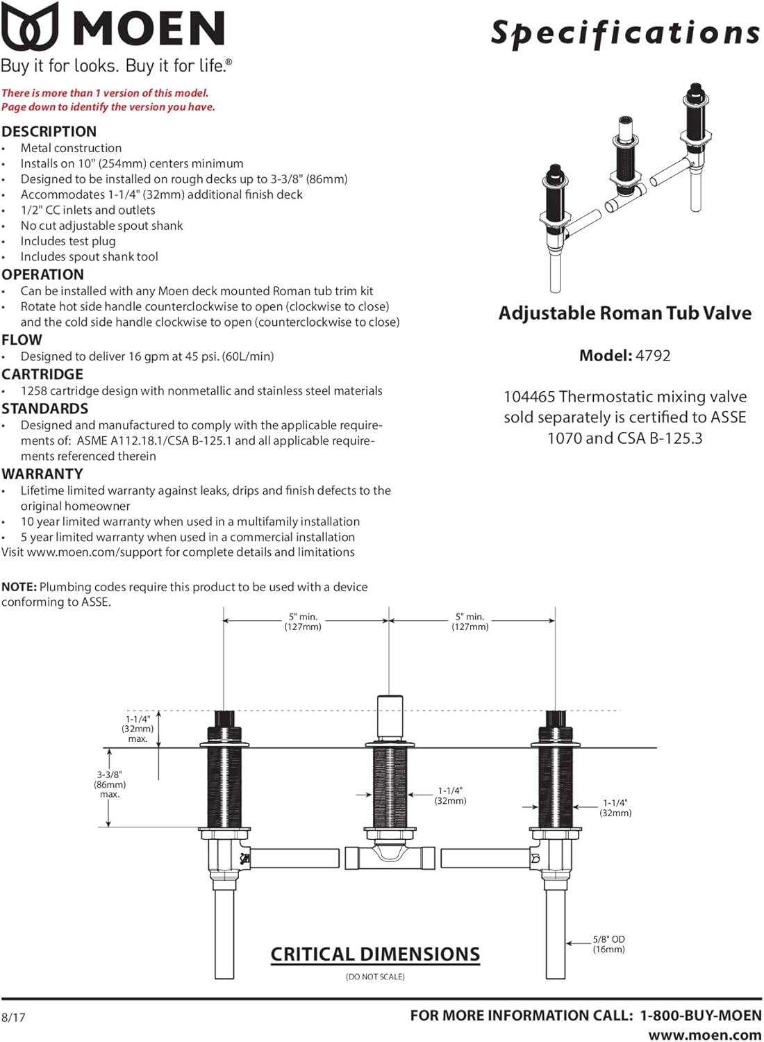 Moen 4792 Roman Tub Valve Adjustable 1/2 Inch CC Connection