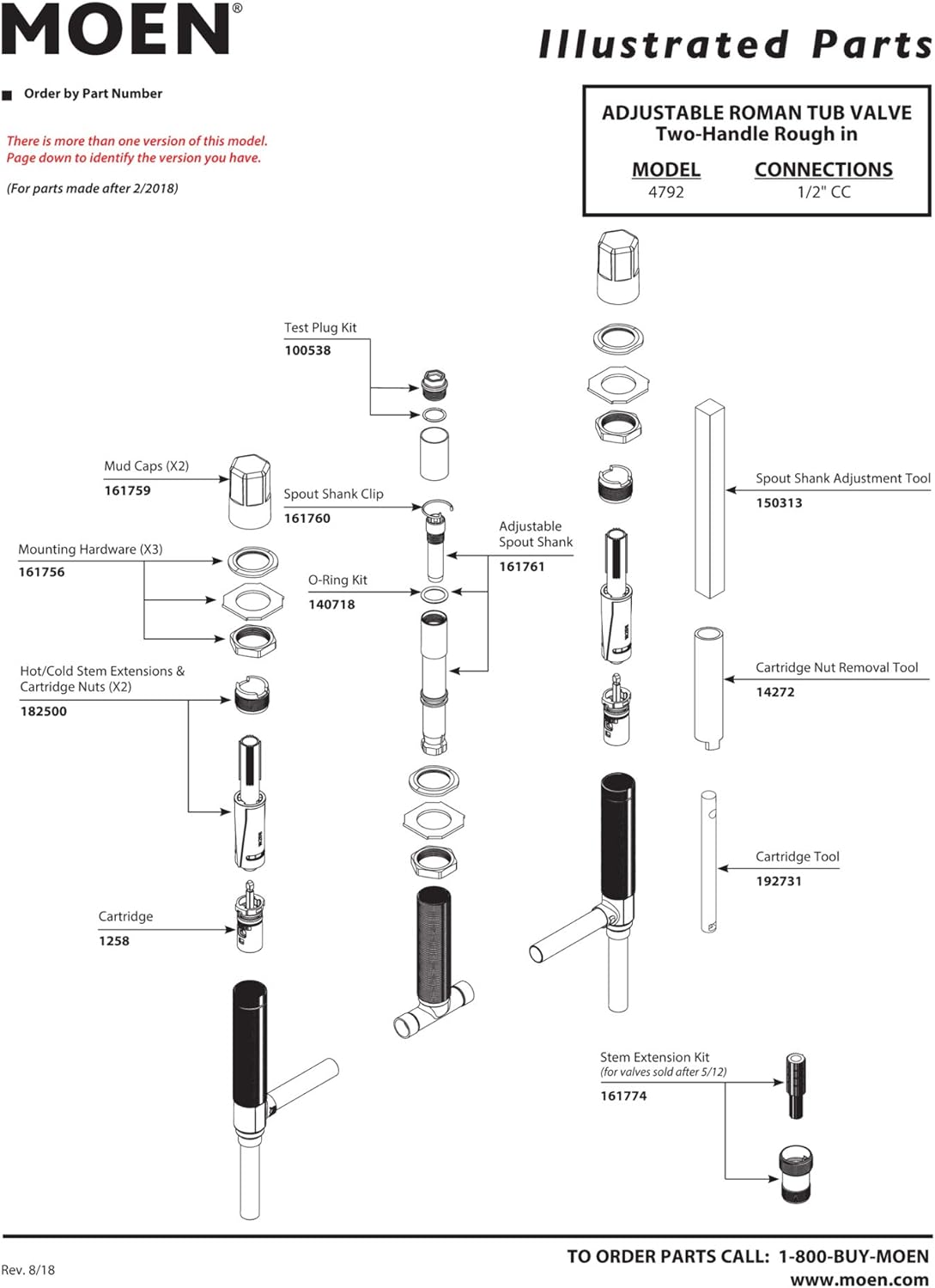 Moen 4792 Roman Tub Valve Adjustable 1/2 Inch CC Connection