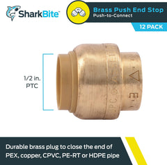 SharkBite U514LF 1/2 Inch End Cap Lead-Free DZR Brass Push-Fit Connection for PEX, Copper, CPVC