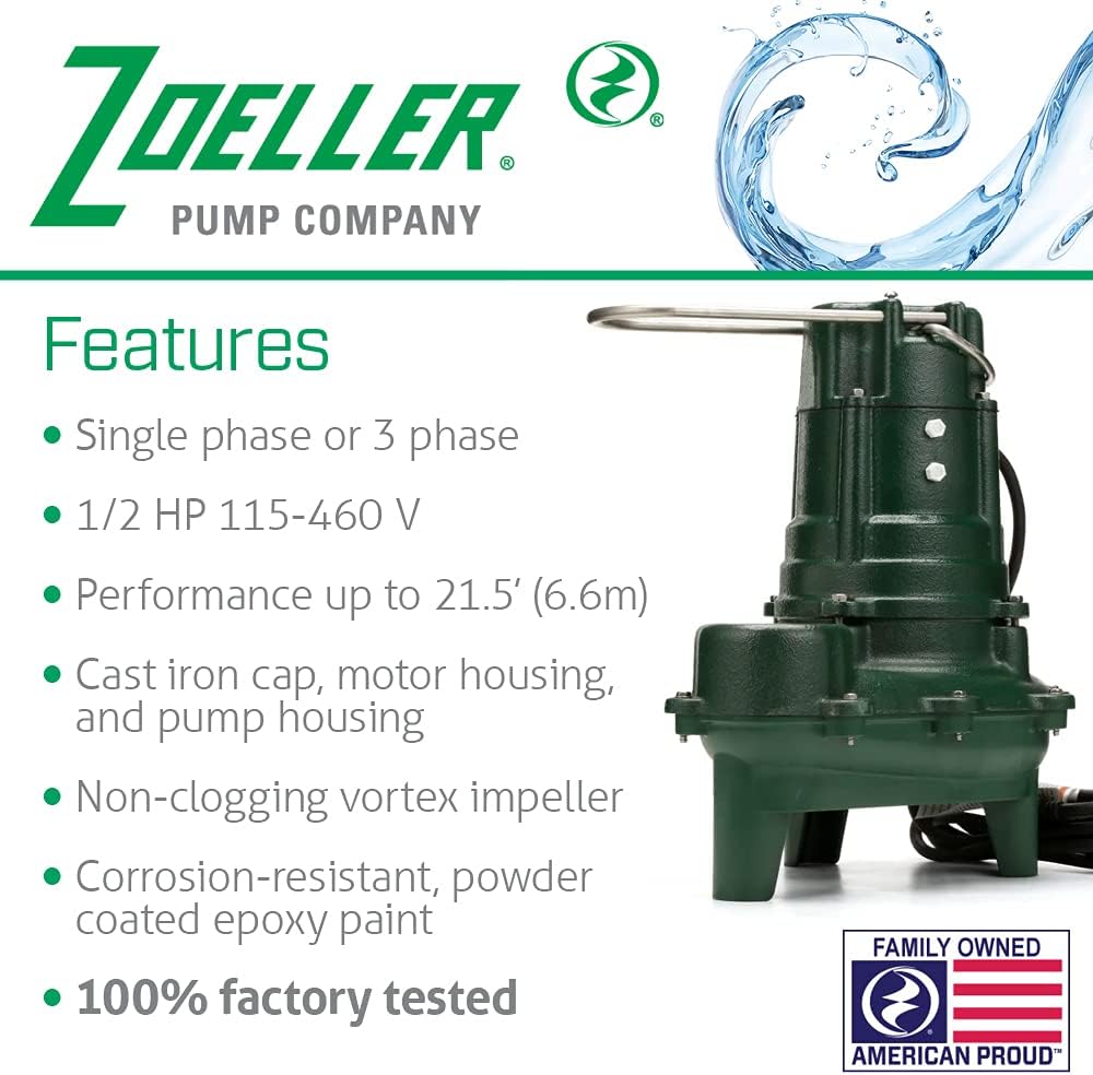 Zoeller 267-0001 Waste-Mate Sewage Pump 1/2 HP Submersible Green