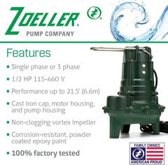 Zoeller 267-0001 Waste-Mate Sewage Pump 1/2 HP Submersible Green