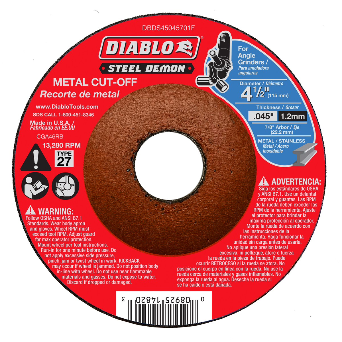 Diablo DBDS45045701F 4-1/2 Inch Metal Cutoff Wheel Type 27