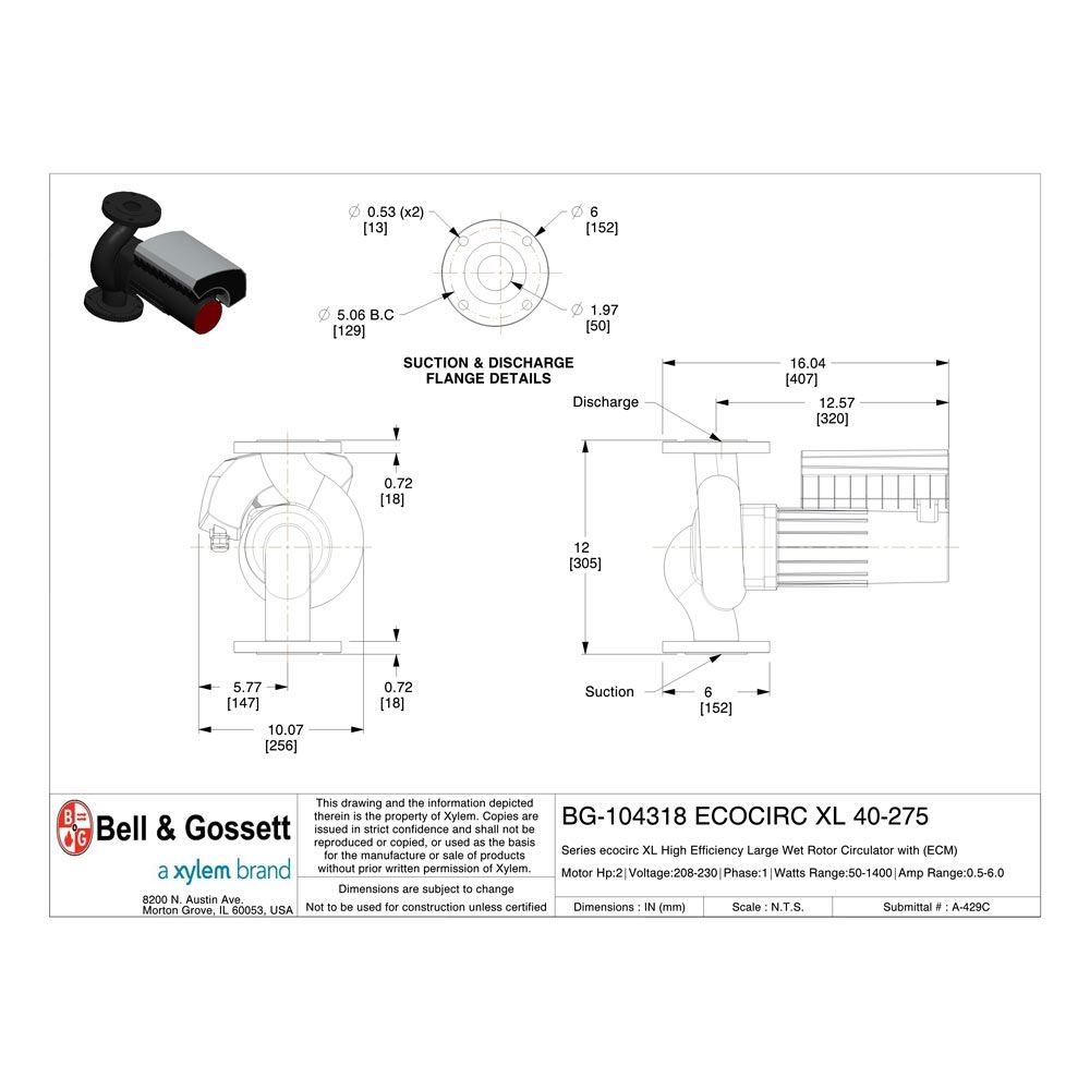 Bell & Gossett 104318 Ecocirc XL 40-275 Cast Iron Circulator, 2 HP, 208-230V