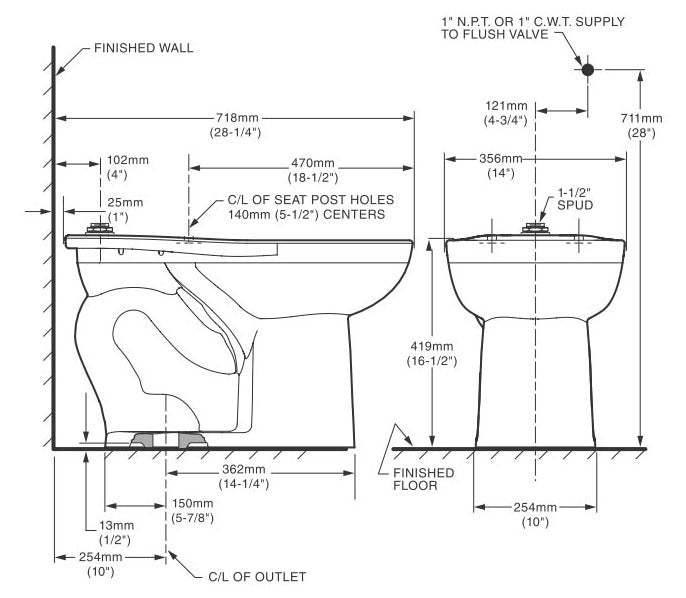 American Standard 3043.001.020 Elongated Toilet Bowl with Top Spud, 1.1 to 1.6 GPF, White