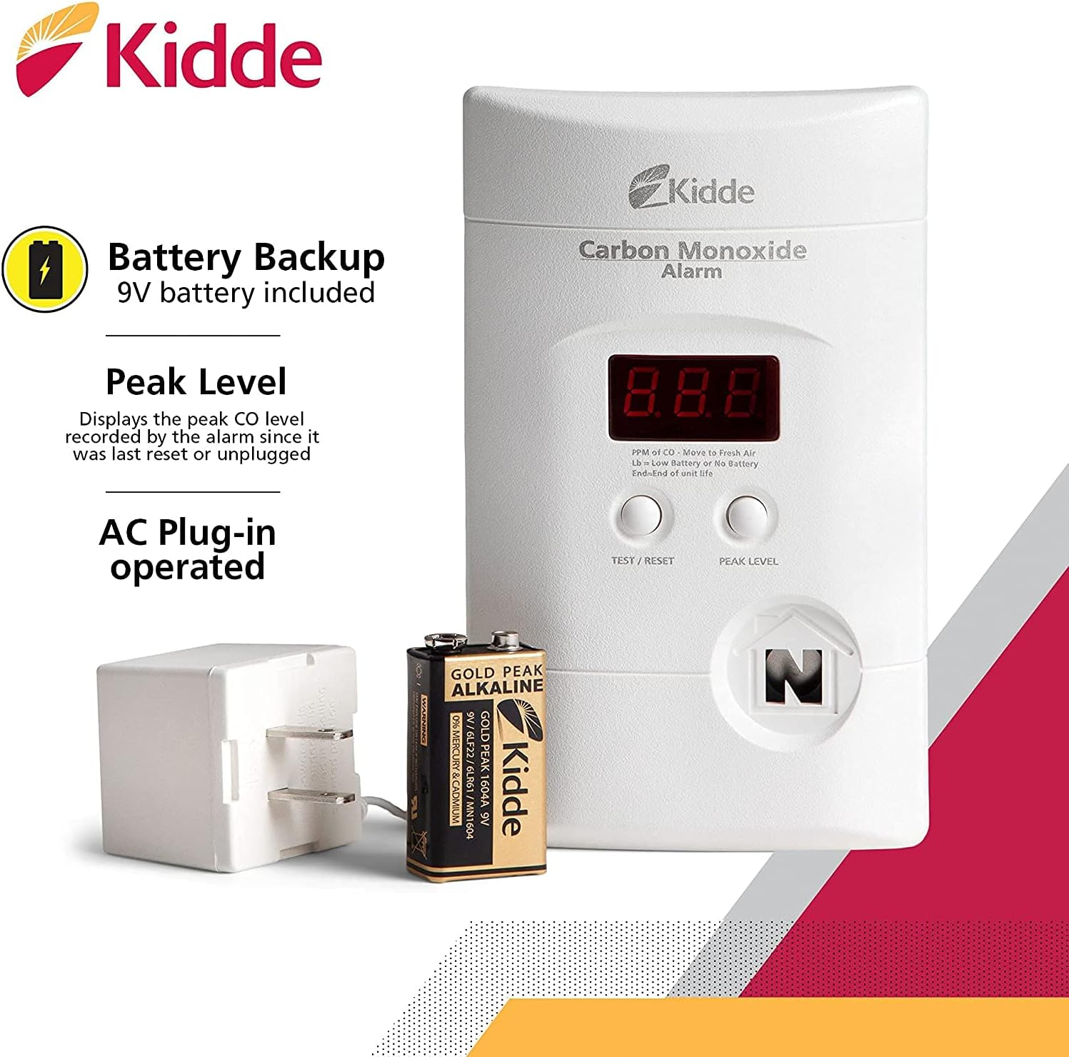 Kidde KN-COPP-3 Carbon Monoxide Detector Plug In Wall 9-Volt Battery Backup Digital LED Display