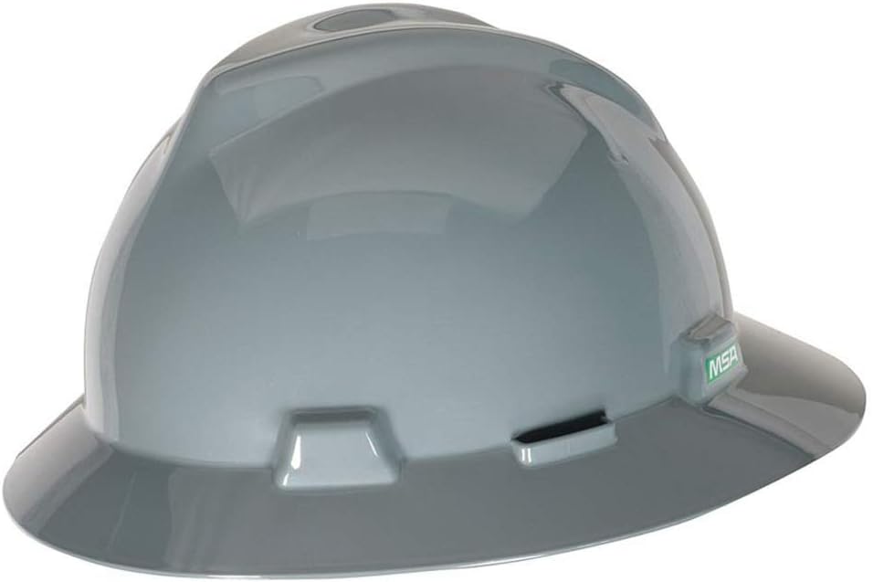 MSA 454731 V-Gard Full-Brim Hard Hat with Staz-On Pinlock Suspension | Polyethylene Shell, Superior Impact Protection, Self Adjusting Crown Straps - Standard Size in Gray