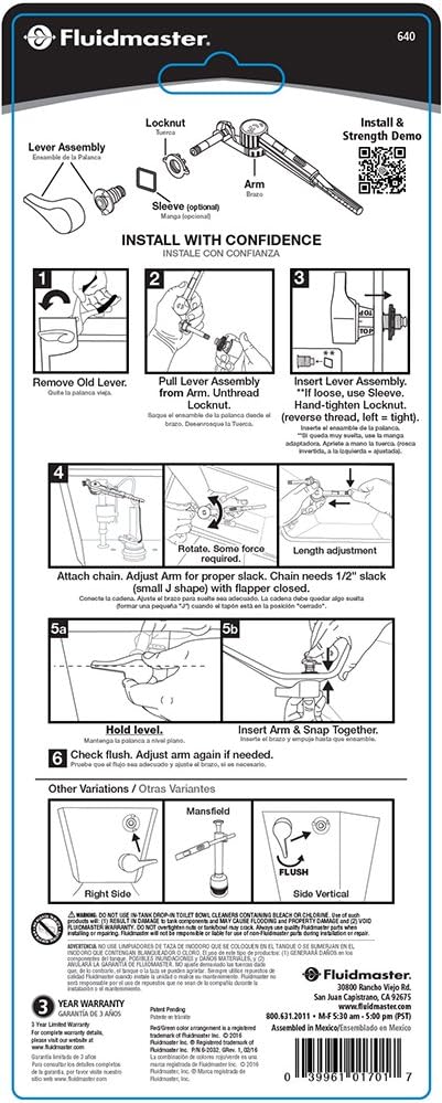 Fluidmaster 640 Perfect Fit Universal Toilet Tank Flush Lever White, Adjustable Arm