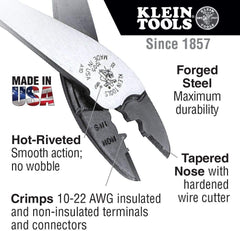 Klein Tools 1005 Crimping/Cutting Tool 10-22 AWG Terminals Insulated/Non-Insulated