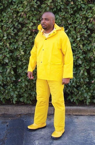 MCR Safety 2303L Classic Industry Standard PVC/Polyester 3-Piece Suit Detachable Hood Bibpants Yellow Large