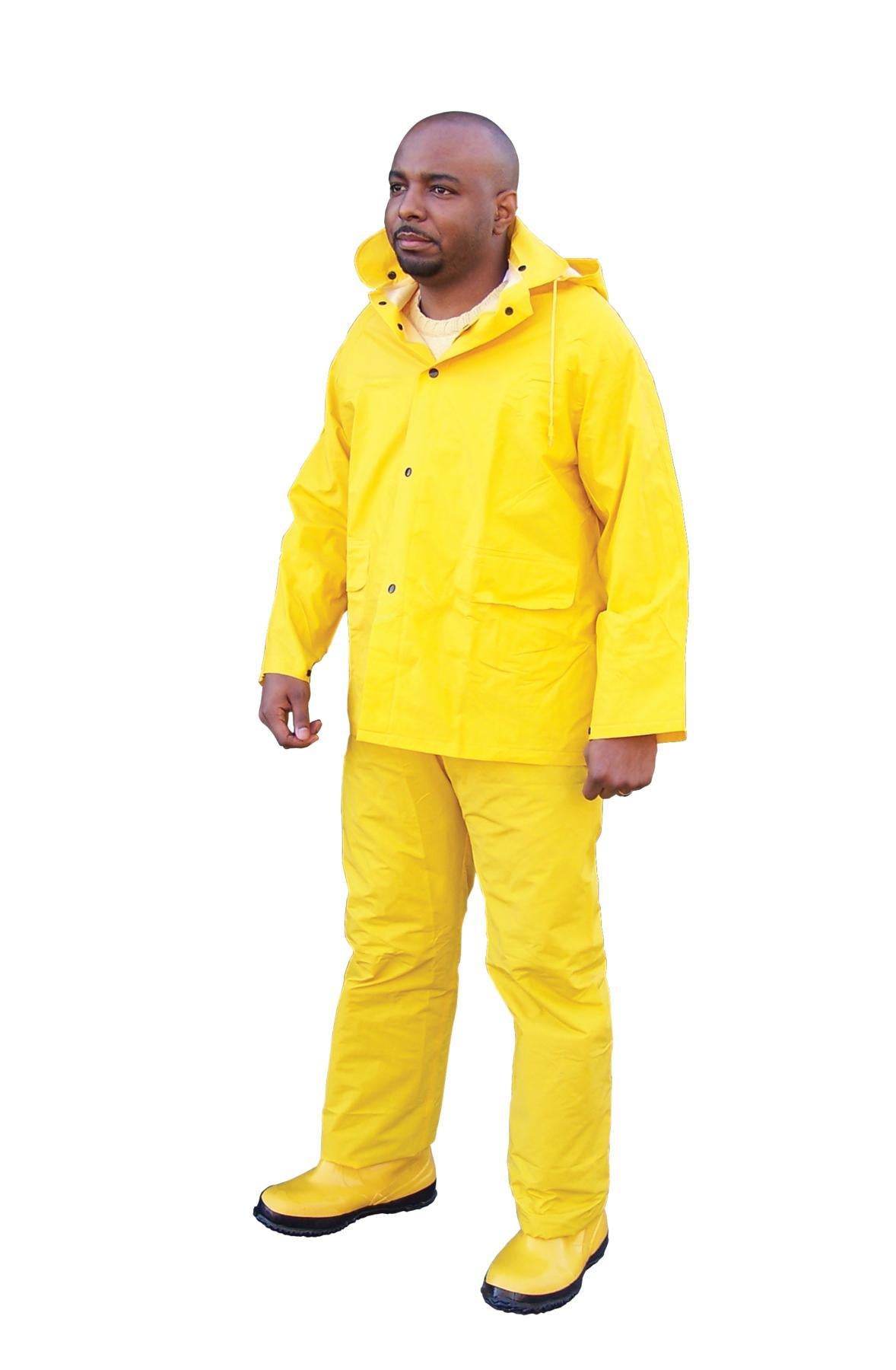 MCR Safety 2303L Classic Industry Standard PVC/Polyester 3-Piece Suit Detachable Hood Bibpants Yellow Large