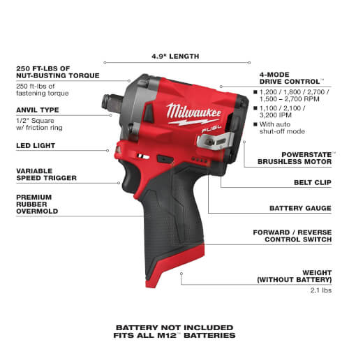 Milwaukee 2555-20 M12 Fuel Stubby 1/2 Inch Impact Wrench