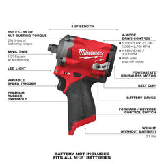 Milwaukee 2555-20 M12 Fuel Stubby 1/2 Inch Impact Wrench