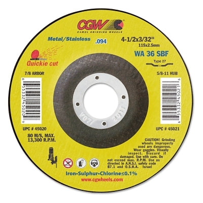 CGW Abrasives 45020 Thin Cut-Off Wheel 36 Grit Aluminum Oxide 4 1/2 inch Dia 3/32 inch Thick 7/8 Arbor