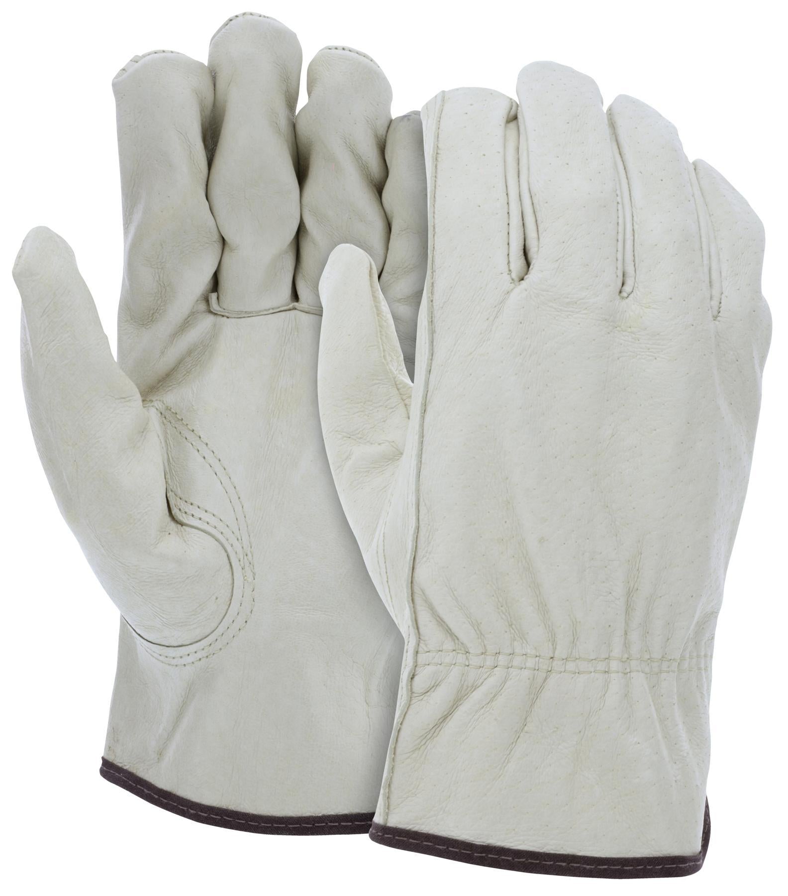 MCR Safety 3401M Leather Palm Gloves Medium Beige Shirred Keystone Thumb