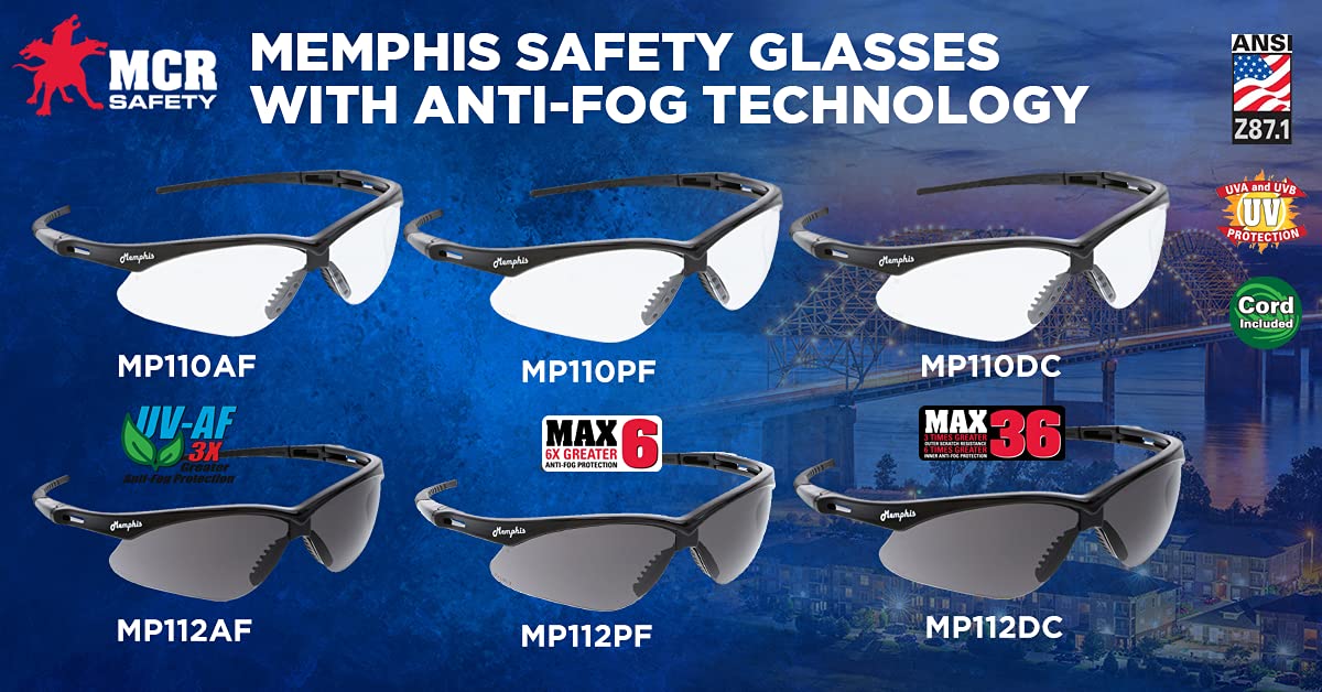 MCR Safety MP112AF Memphis Series Safety Glasses Gray Polycarbonate Lens UV-AF Anti-Fog Coating Black Frame/Temple