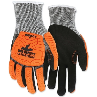 MCR Safety UT1952L UltraTech A4/Cut Level Mechanics Knit Gloves, Large, Hi-Vis Orange TPR, Black Coating, Salt/Pepper Shell