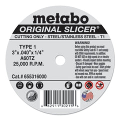 Metabo 655316000 Original Slicer Cutting Wheel 3 In Diameter A 60 TZ Grit Aluminum Oxide