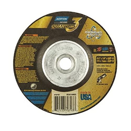 Norton 66253370793 Quantum3 SG CA Type 27 Grinding Wheel 4-1/2 in dia, 1/4 in Thick, 5/8 in-11 Arbor, 20 Grit, Ceramic Alumina