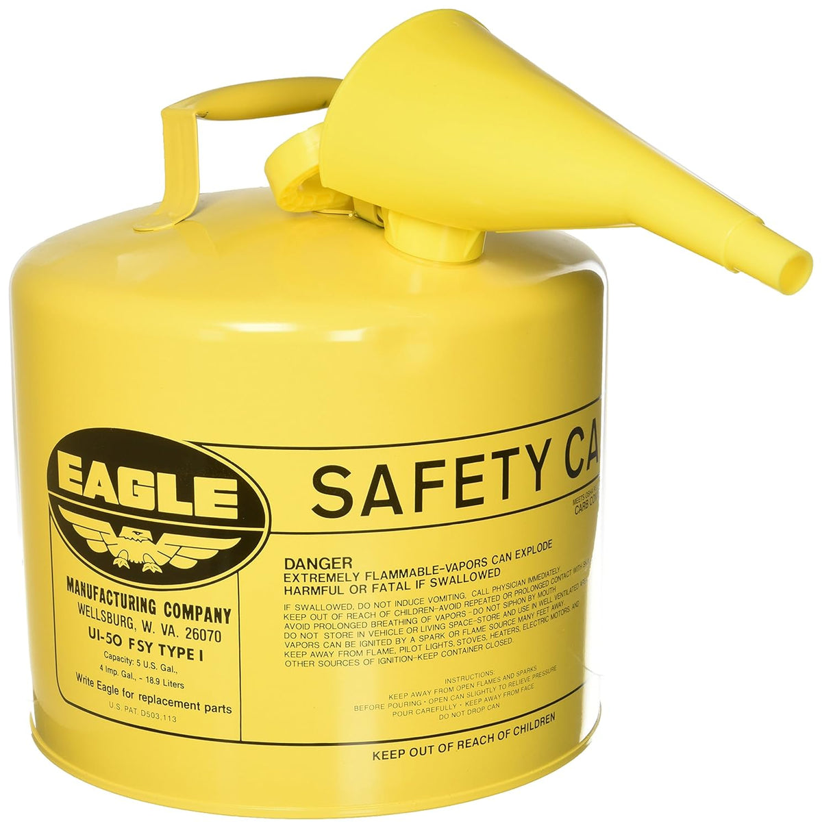 Eagle UI50FSY Type I Safety Can Yellow 5 Gallon for Diesel Storage