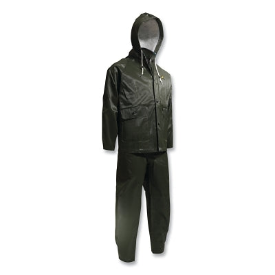 OnGuard 7601800.LG Webtex 3-Pc Rain Suit with Hooded Jacket/Bib Overalls 0.65 mm Thick Heavy-Duty Ribbed PVC Olive Green Large