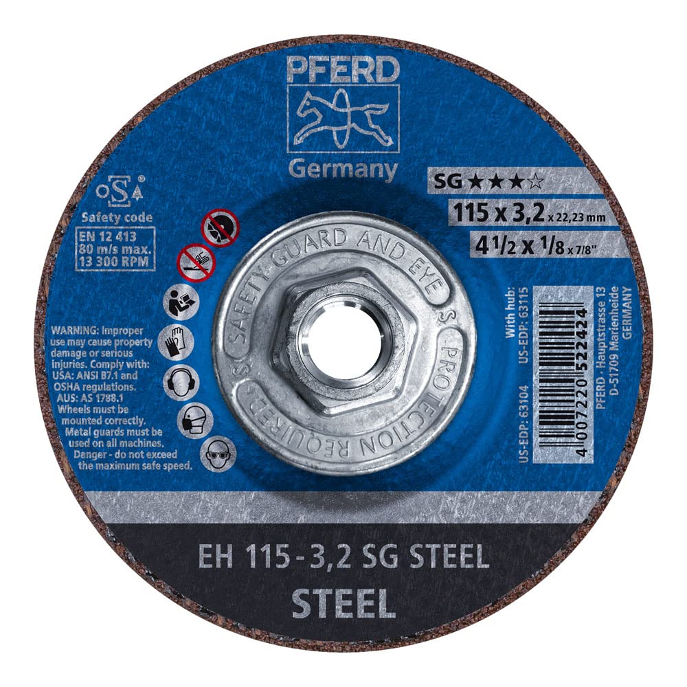 Pferd 63115 Depressed Centre Cut-Off Wheel Aluminum Oxide A 4-1/2 Diameter x 1/8 Thick 5/8-11 Thread 13,300 RPM Pack of 10