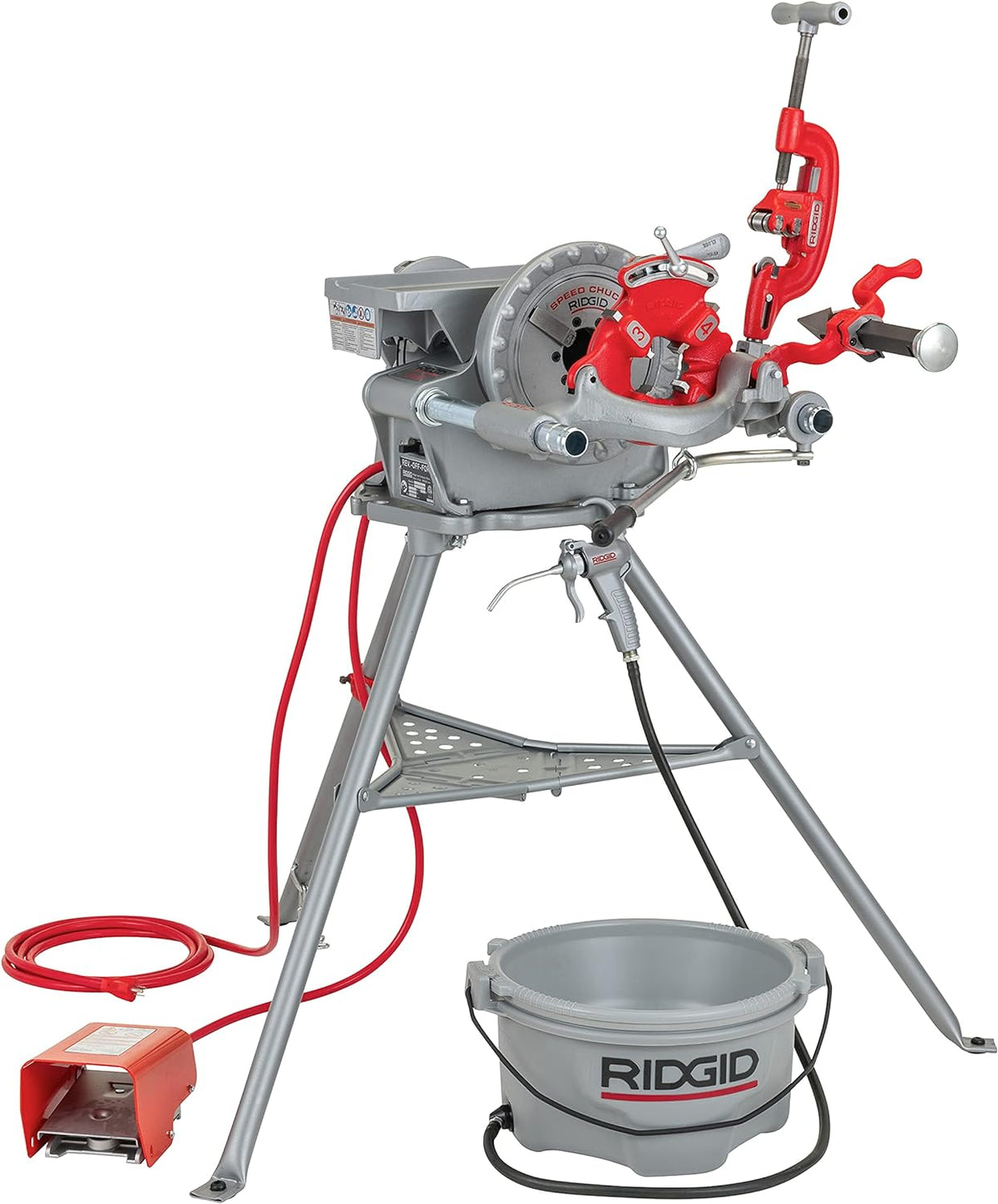 RIDGID 15682 Model 300 Power Drive Complete 38 RPM Pipe Threading Machine and 12-Inch to 34-Inch, 1-Inch to 2-Inch Universal Alloy Threading Die Heads Oiler