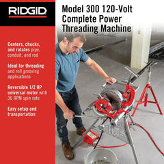 RIDGID 15682 Model 300 Power Drive Complete 38 RPM Pipe Threading Machine and 12-Inch to 34-Inch, 1-Inch to 2-Inch Universal Alloy Threading Die Heads Oiler