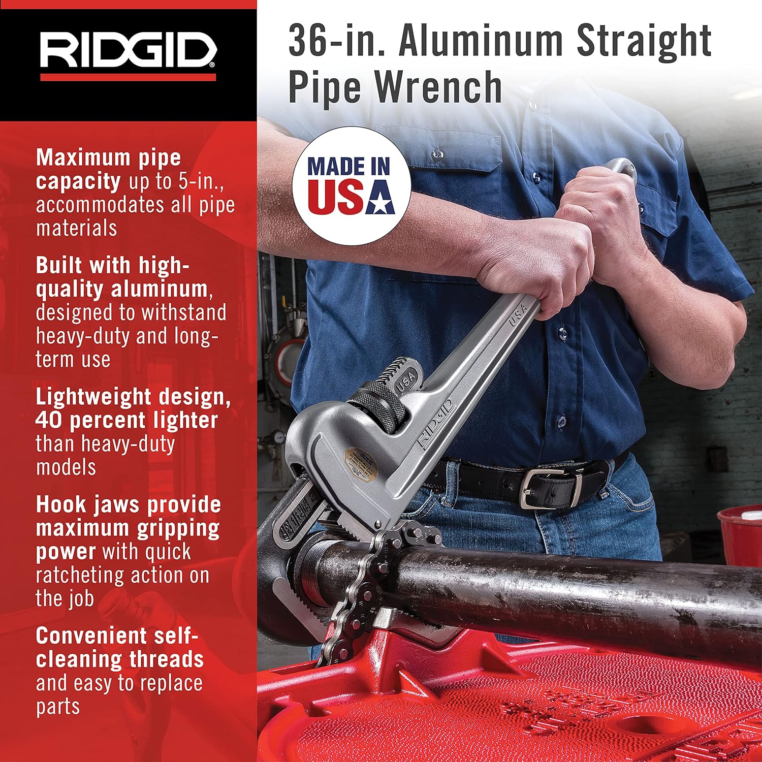 Ridgid 31110 Model 836 Aluminum Straight 36 Plumbing Pipe Wrench Silver Made In The USA