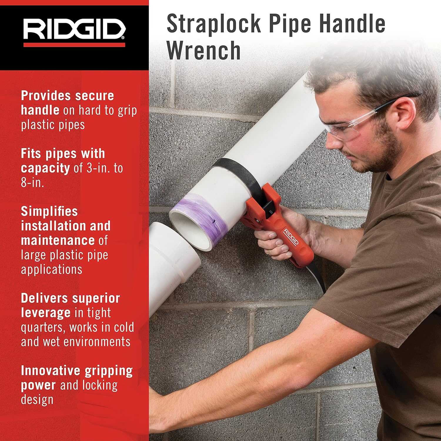 RIDGID 42478 STRAPLOCK Pipe Handle 7 Inch Strap Wrench, Red