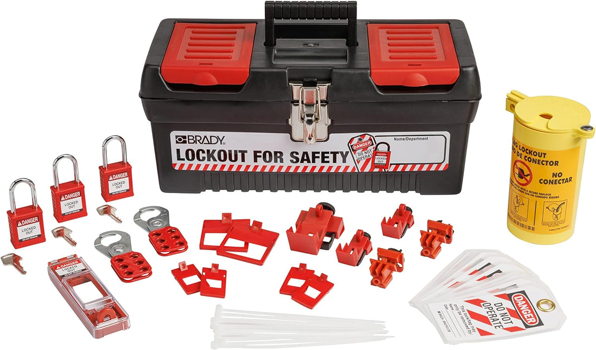 Brady 153670 Electrical Lockout Tagout Kit - Hasps Clamp on Universal Multipole Circuit Breaker Lockouts Loto Tags Plug Cable Lockout 3 Red Keyed Different Safety Padlocks (1 Key Per Lock)