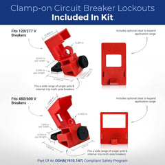 Brady 153670 Electrical Lockout Tagout Kit - Hasps Clamp on Universal Multipole Circuit Breaker Lockouts Loto Tags Plug Cable Lockout 3 Red Keyed Different Safety Padlocks (1 Key Per Lock)