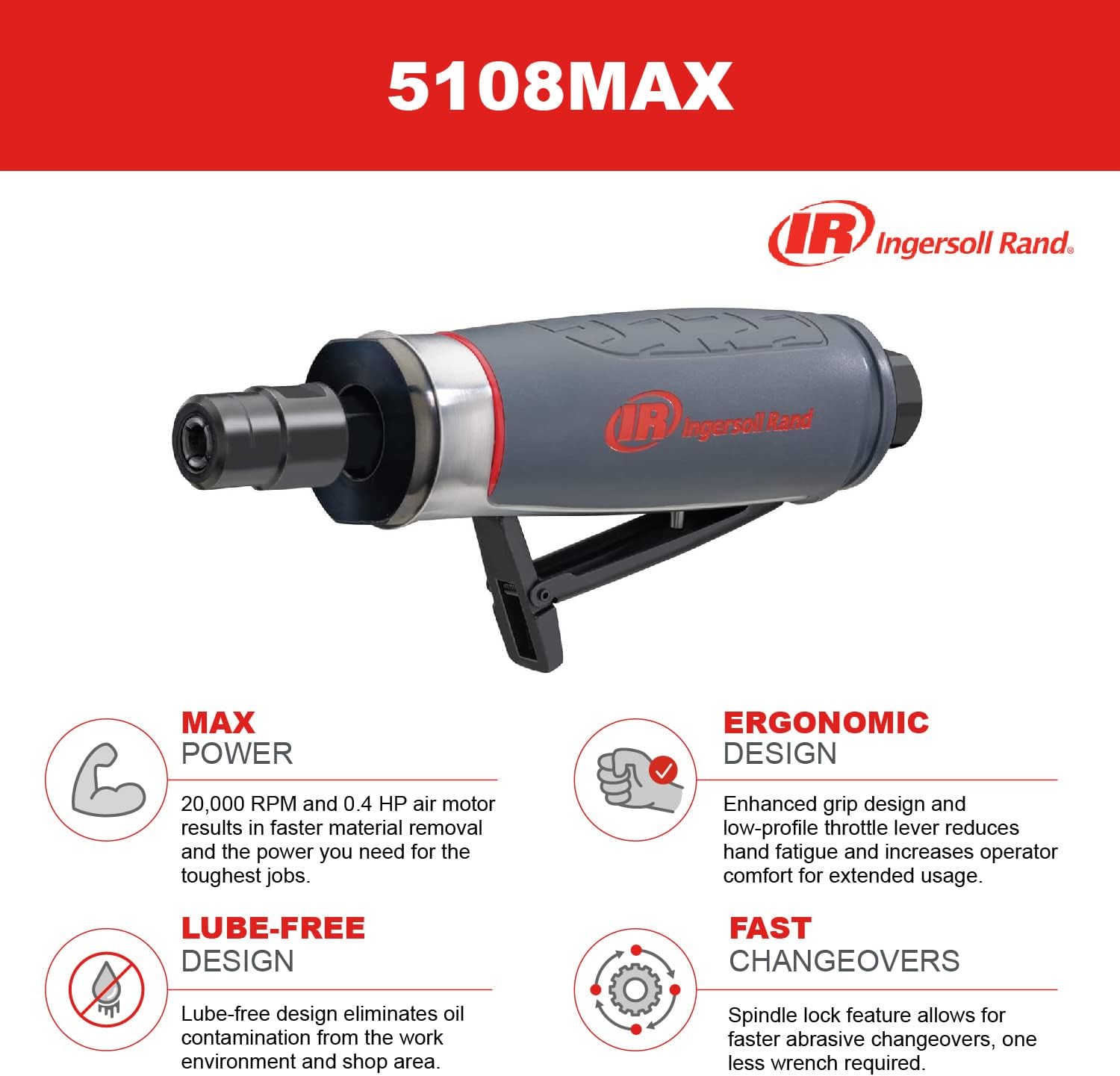 Ingersoll Rand 5108MAX Air Grinder Grey 1/4 in NPT(F) and 6 mm 25000 RPM