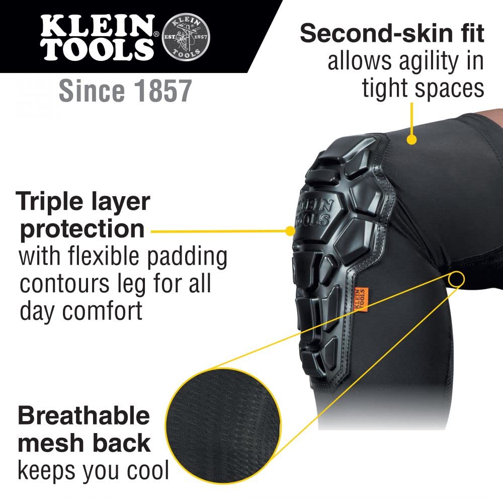 Klein Tools 60511 Knee Pad, Heavy Duty Padded Knee Sleeves, Breathable Mesh Back, Elastic Cuff with Slip-Resistant Silicone, Black, M/L