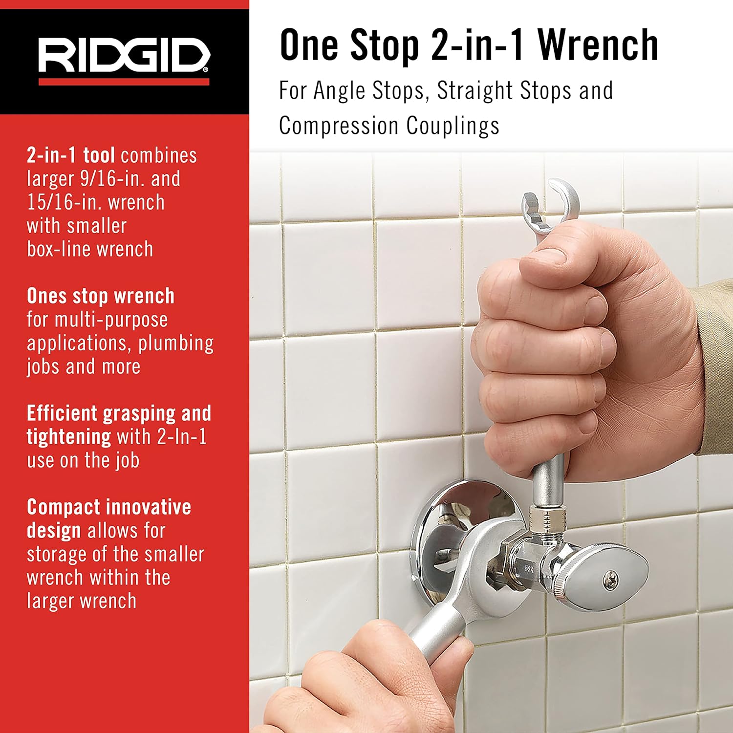 RIDGID 27023 Model 2002 One Stop 2-in-1 Wrench for Angle Stops, Straight Stops, and Compression Couplings