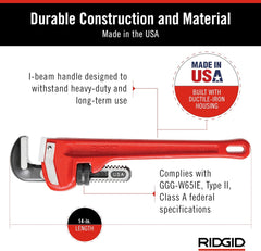 RIDGID 31020 Heavy-Duty Straight Pipe Wrench 14-inch Plumbing Wrench Red