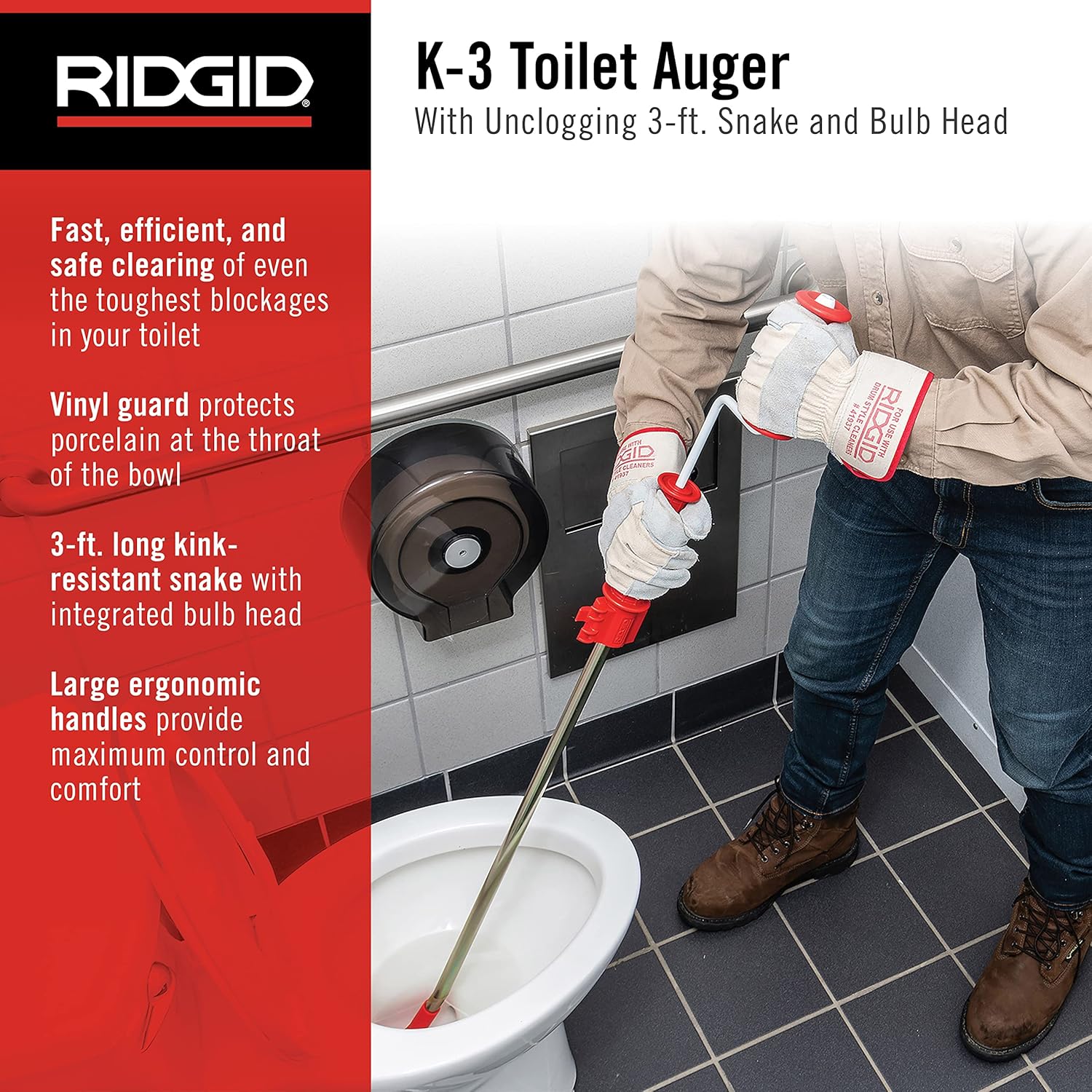 Ridgid 59787 Toilet Auger with Unclogging 3-Foot Snake and Bulb Head