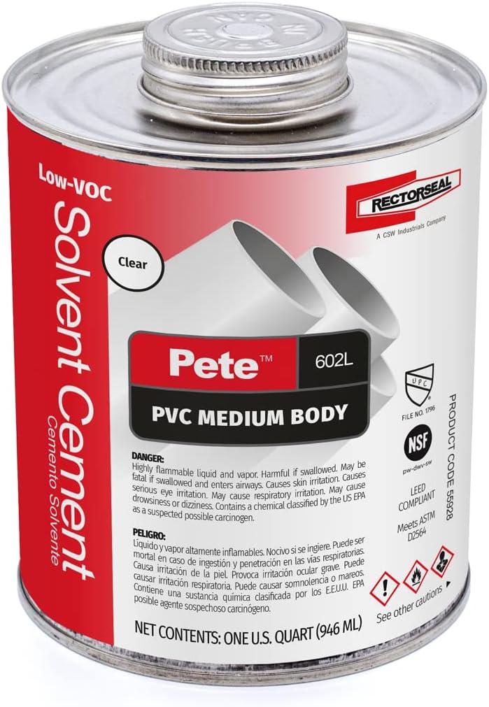 Rectorseal 55928 Quart 602L Medium Body Low Voc Pvc Solvent Cement