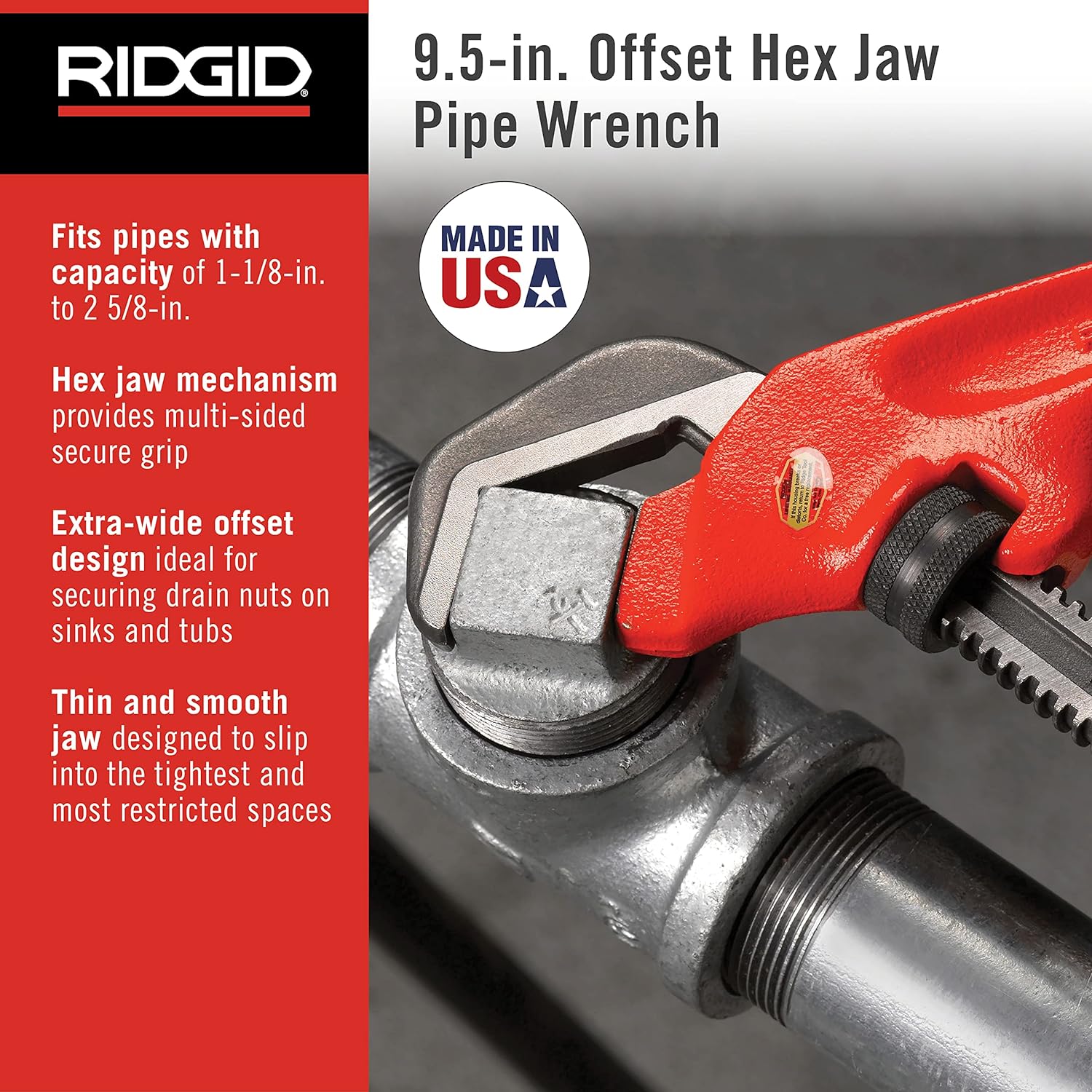 Ridgid 31305 E-110 9.5 Offset Hex Jaw Pipe Wrench 1-1/8 to 2-5/8 Capacity