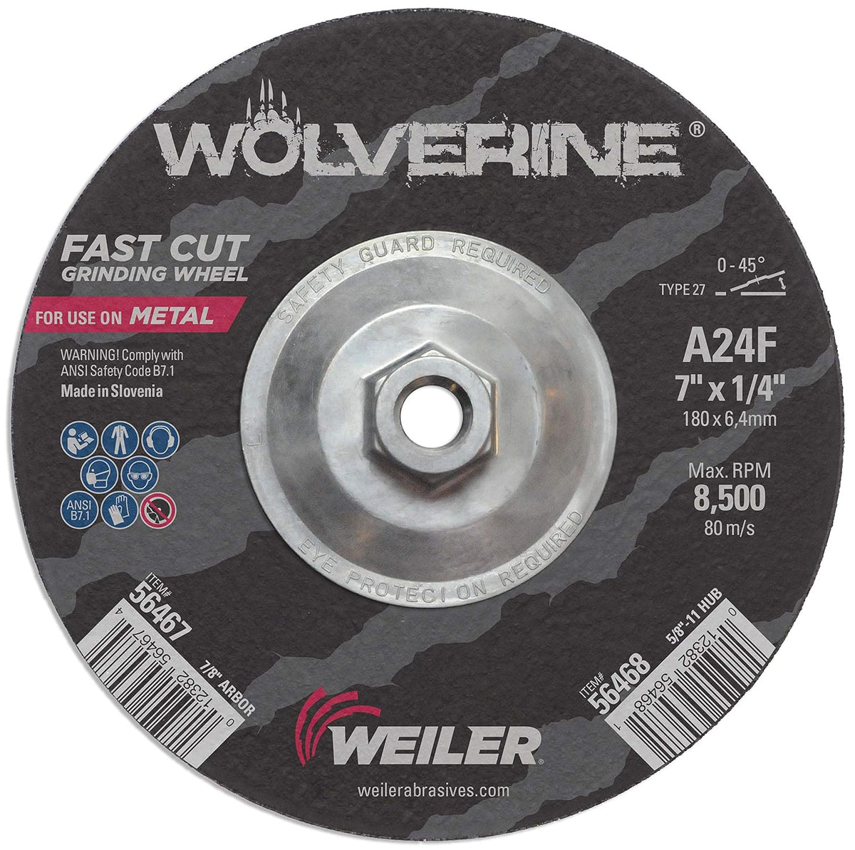 Weiler 56468 Wolverine Grinding Wheel 7 Inch Diameter 5/8-11 Arbor