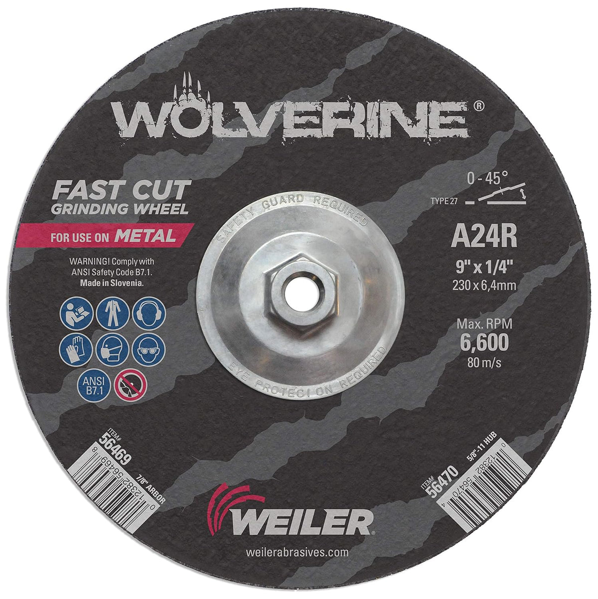 Weiler 56470 9 X 1/4 Wolverine Type 27 Grinding Wheel A24R 5/8-11 Nut Pack of 10