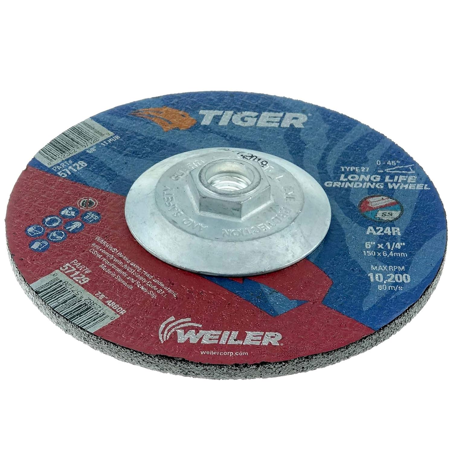 Weiler 57128 Tiger 6 Grinding Wheel Type 27 1/4 Thick A24R 5/8-11 UNC Nut Pack of 10