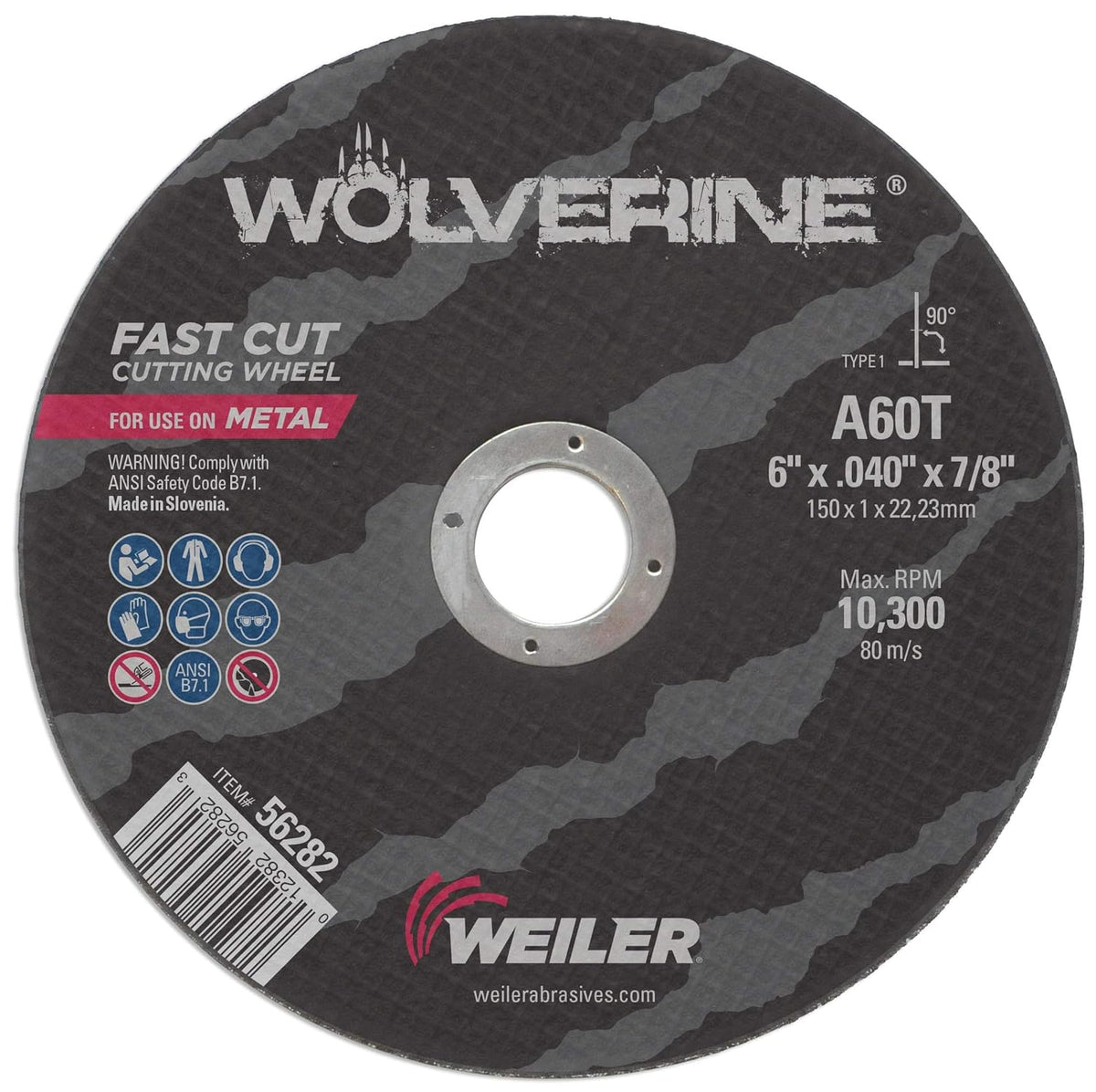 Weiler 56282 Wolverine 7/8 Arbor 0.040 Thickness 6 Diameter A60T Grit Type 1 Large Reinforced Wheel