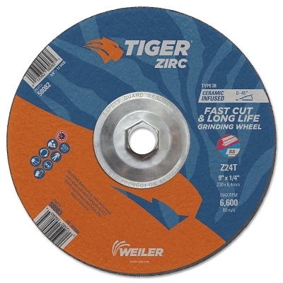 Weiler 58082 Tiger Zirc Grinding Wheel 9 Inch x 1/4 Inch x 5/8-11 UNC Type 28