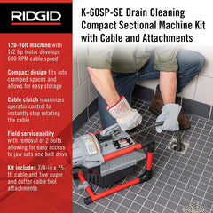 RIDGID 66497 K-60SP-SE 120-Volt Compact Sectional Drain Cleaning Machine Kit with 7/8 x 75 Cable and Attachments