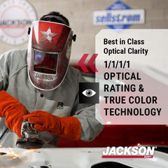 Jackson Safety 47103 Premium Auto Darkening Welding Helmet 4/5-13 Shade Range 1/1/1/1 Optical Clarity 1/25,000 sec. Response Time 370 Speed Dial Headgear Red/White/Blue