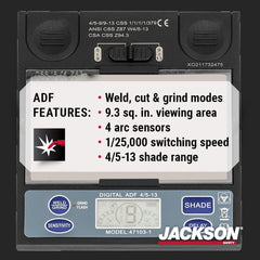 Jackson Safety 47103 Premium Auto Darkening Welding Helmet 4/5-13 Shade Range 1/1/1/1 Optical Clarity 1/25,000 sec. Response Time 370 Speed Dial Headgear Red/White/Blue