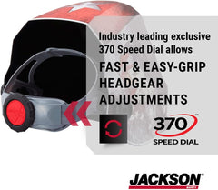 Jackson Safety 47103 Premium Auto Darkening Welding Helmet 4/5-13 Shade Range 1/1/1/1 Optical Clarity 1/25,000 sec. Response Time 370 Speed Dial Headgear Red/White/Blue