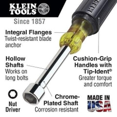 Klein Tools 630-3/8 3/8-Inch Nut Driver with 3-Inch Hollow Shaft and Cushion Grip Handle